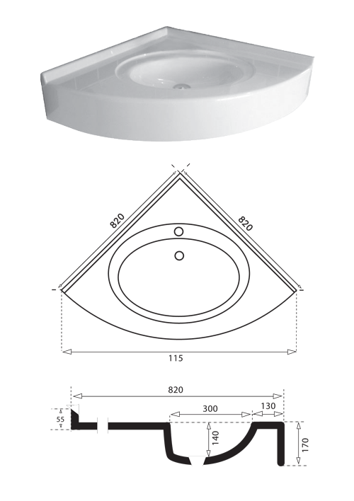 Plan vasque d'angle façade arrondie